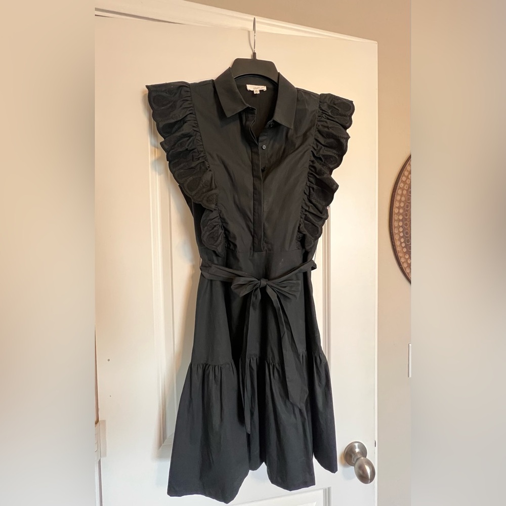 Little Black Dress! Lined, Belted, Side Zip, Detailed pattern on sleeves - CUTE
